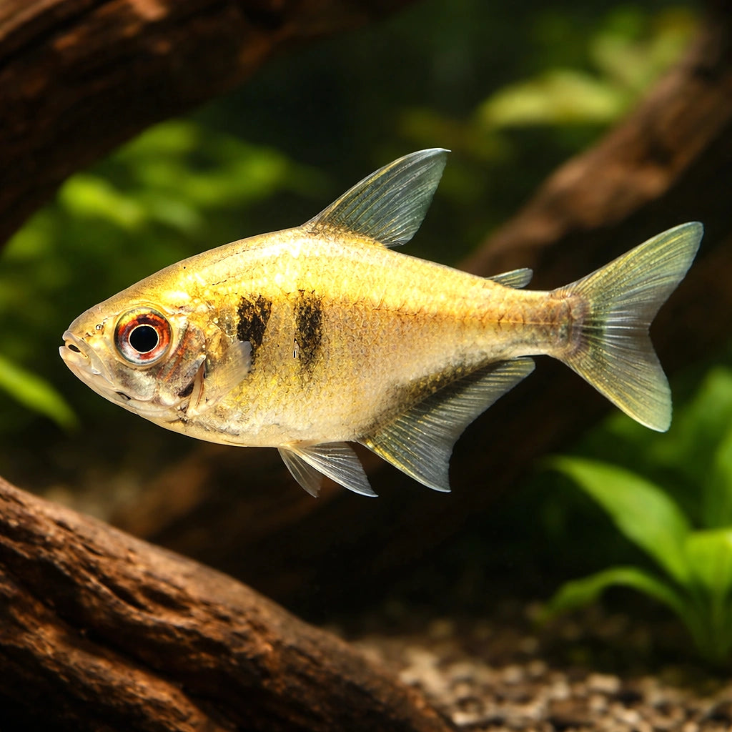 Brass Tetra — tropical fish for sale UK — AI hero driftwood view