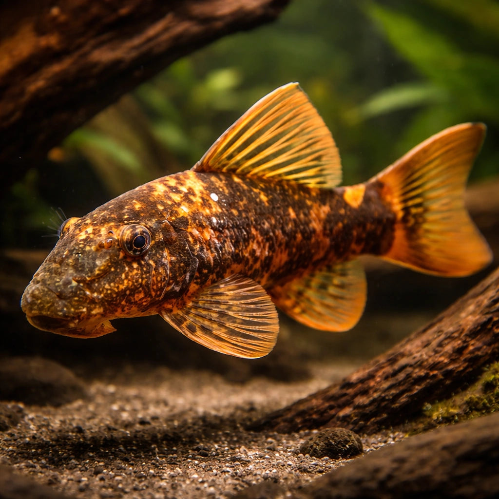 Bristle-Nose catfish red+black — tropical fish for sale UK — AI hero driftwood view