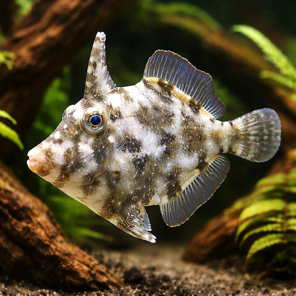 Bristle-tail File-fish M — tropical fish for sale UK — AI hero driftwood view