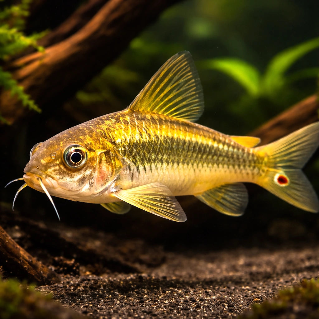 Bronze Catfish green strip — tropical fish for sale UK — AI hero driftwood view