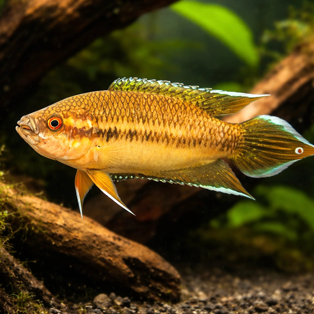 Brown Spiketail Paradisefish — tropical fish for sale UK — AI hero driftwood view