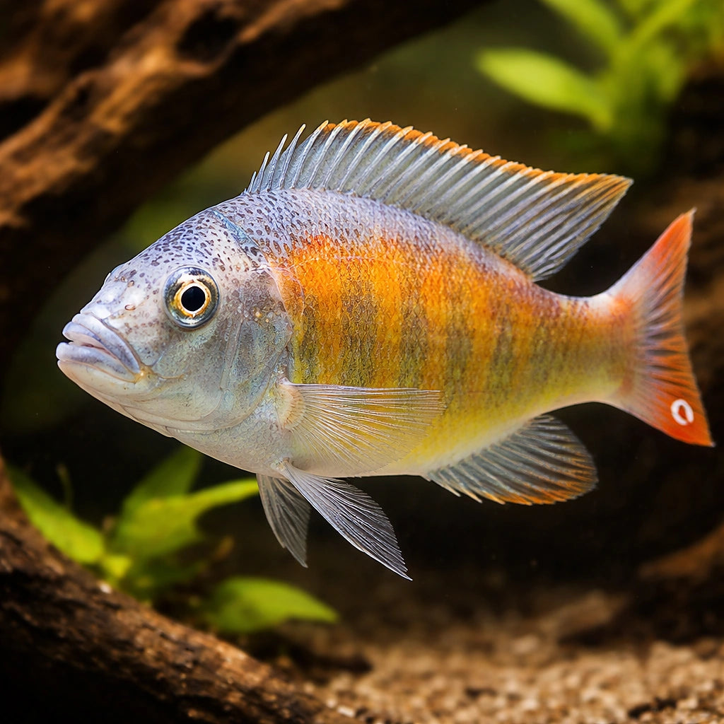 Brown's Mouthbrooder — tropical fish for sale UK — AI hero driftwood view