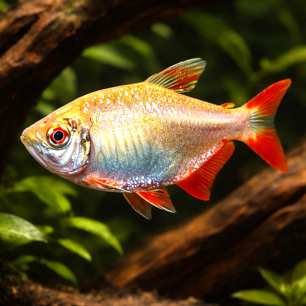 Buenos Aires Tetra Gold — tropical fish for sale UK — AI hero driftwood view