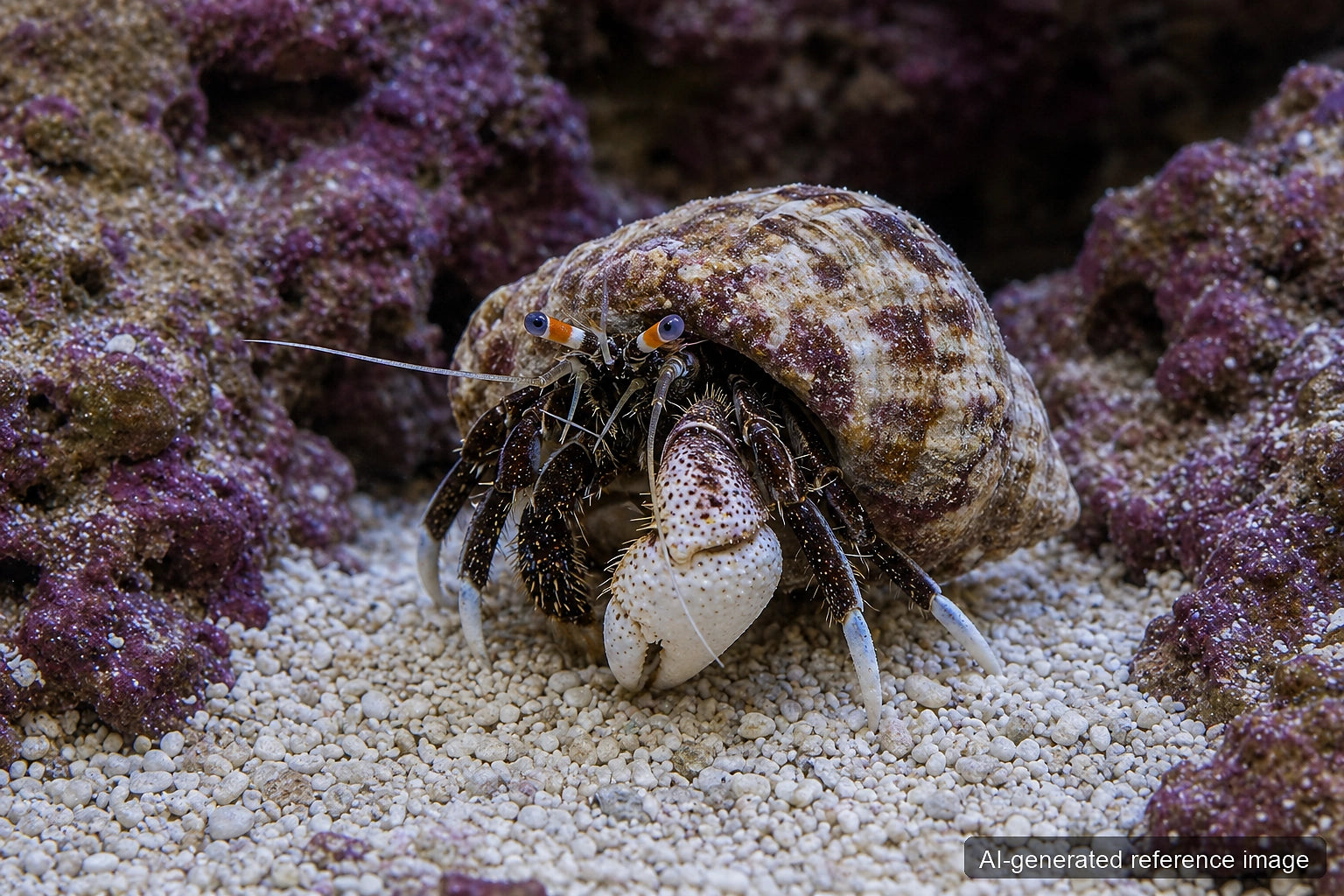 White-Leg Hermit Crab Calcinus laevimanus with large left claw and pale leg tips - AI-generated reference image