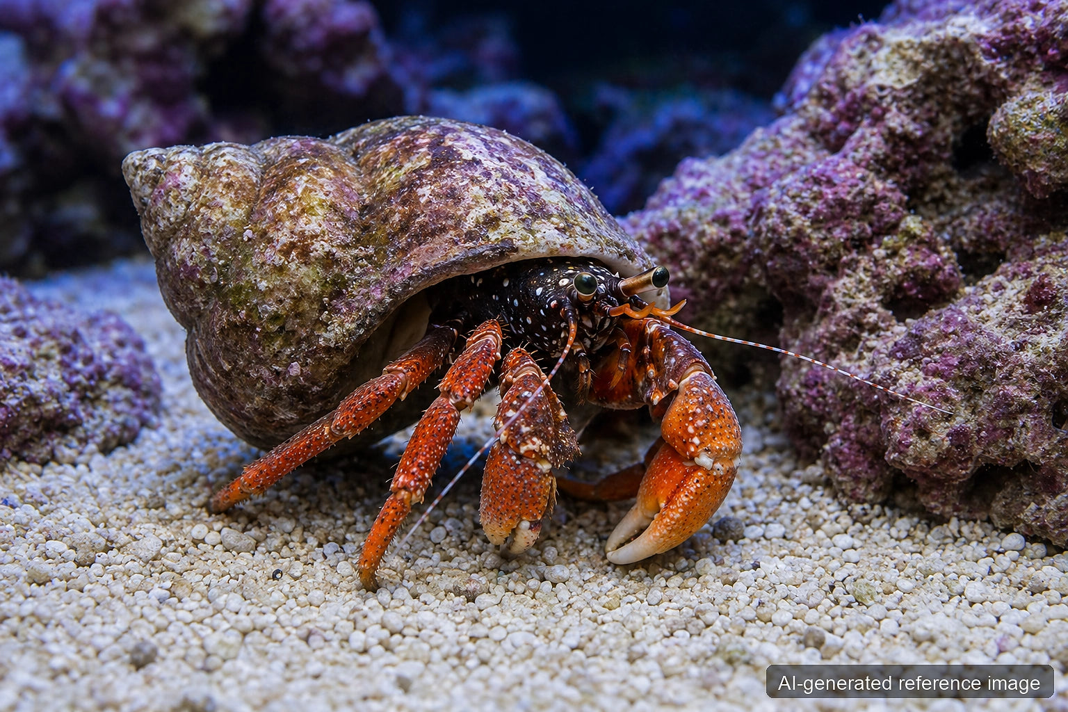 Orangeclaw Hermit Crab Calcinus tibicen with orange legs and claws emerging from shell - AI-generated reference image