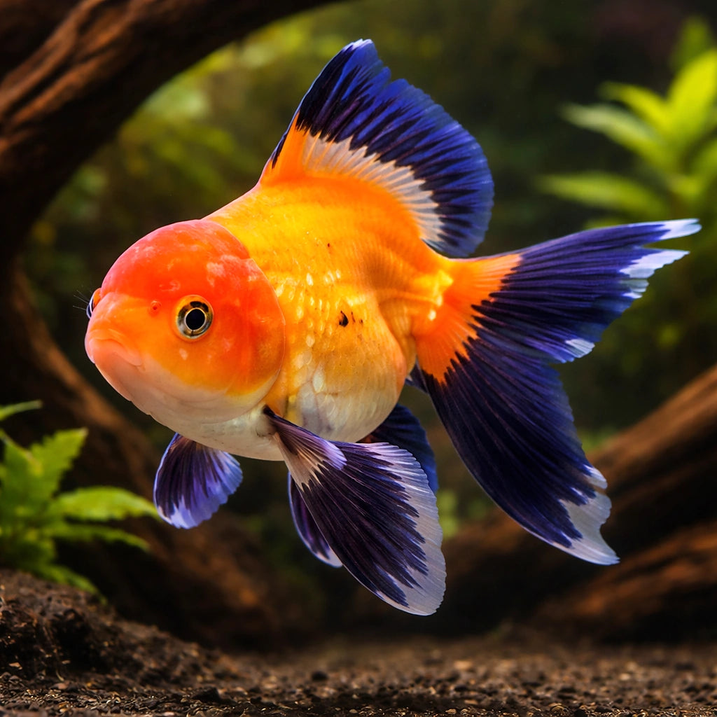 Carassius auratus l.f. oranda red black — tropical fish for sale UK — AI hero driftwood view
