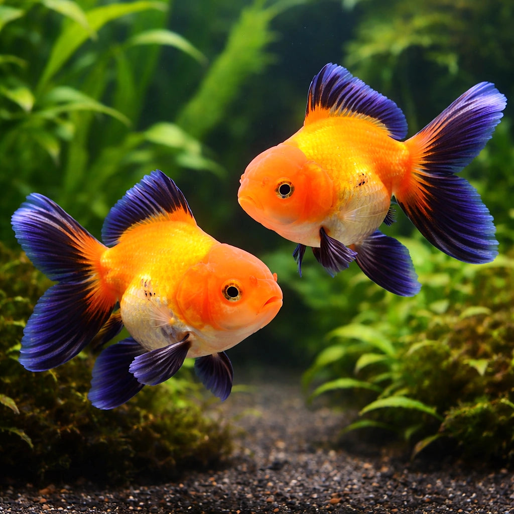 Carassius auratus l.f. oranda red black — tropical fish for sale UK — AI pair planted view