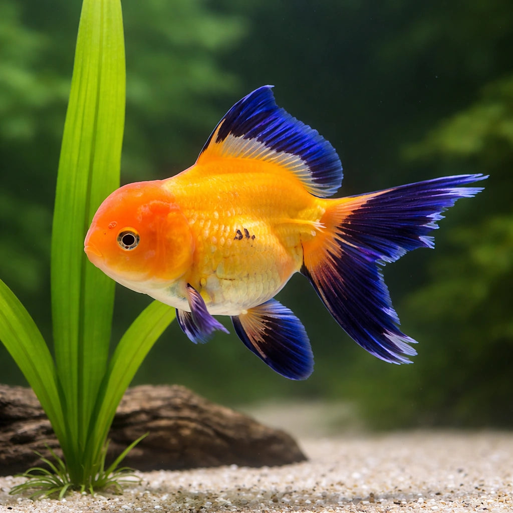 Carassius auratus l.f. oranda red black — tropical fish for sale UK — AI scale plant view