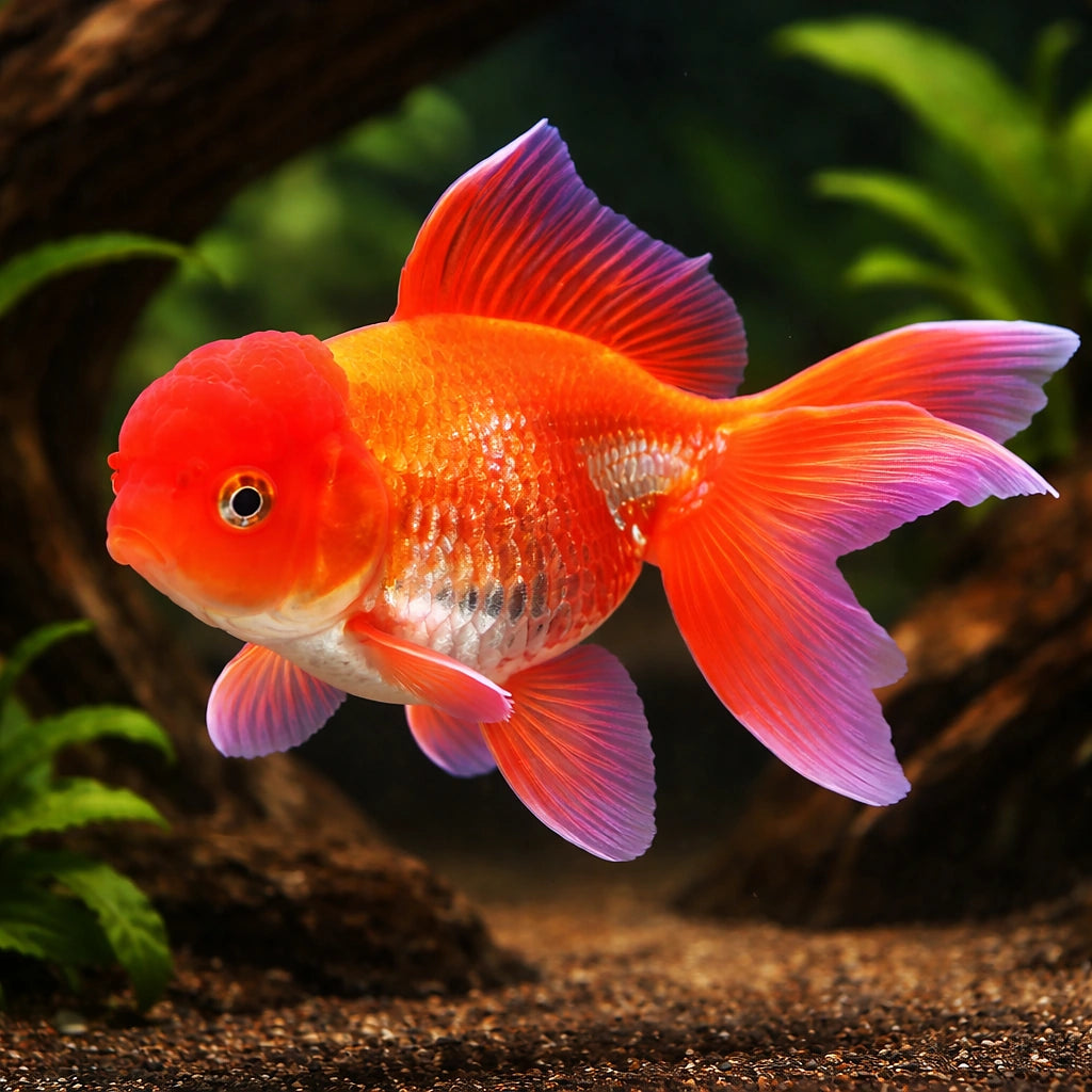 Carassius auratus l.f. red oranda — tropical fish for sale UK — AI hero driftwood view
