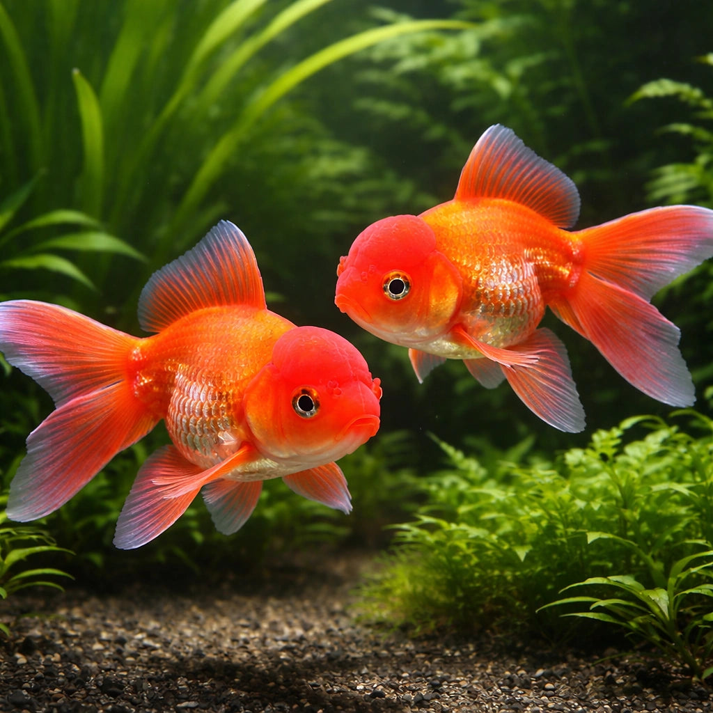 Carassius auratus l.f. red oranda — tropical fish for sale UK — AI pair planted view