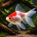 Carassius auratus l.f. red white ryukin — tropical fish for sale UK — AI hero driftwood view