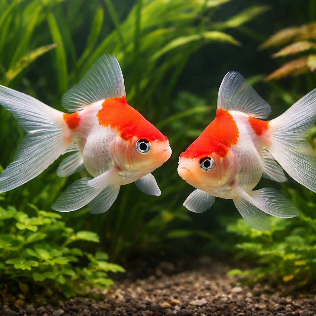 Carassius auratus l.f. red white ryukin — tropical fish for sale UK — AI pair planted view