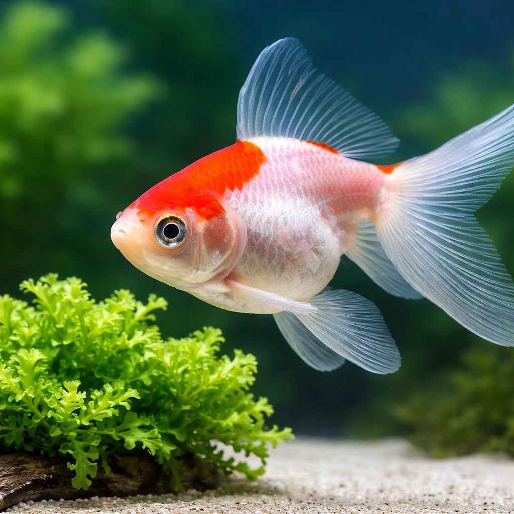 Carassius auratus l.f. red white ryukin — tropical fish for sale UK — AI scale plant view