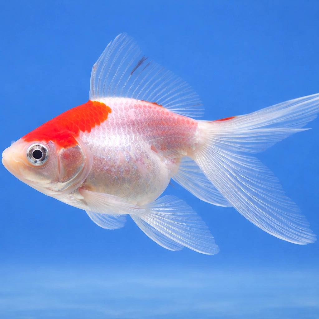 Carassius auratus l.f. red white ryukin — tropical fish for sale UK — AI side clean view
