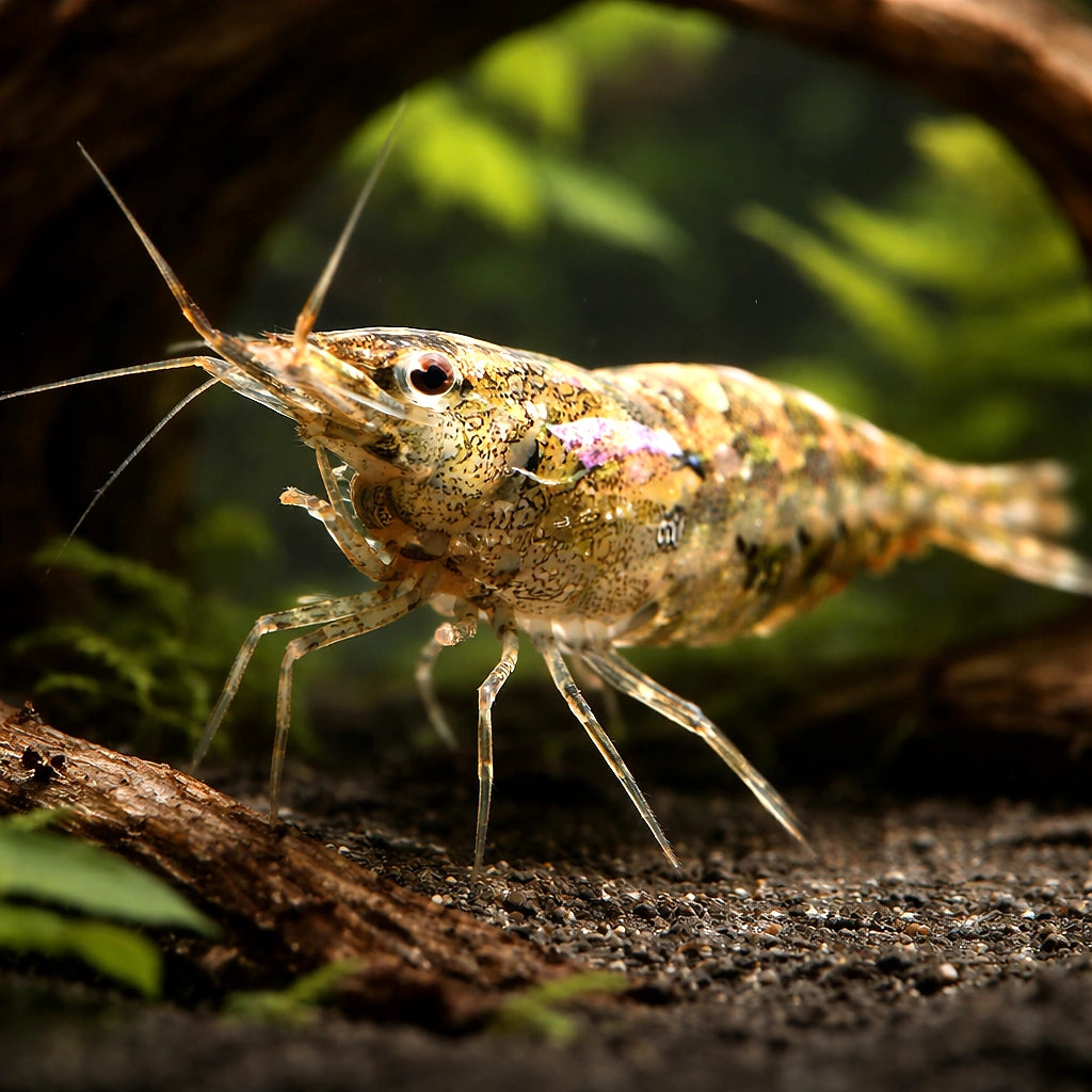 Caridina sp. rainbow — tropical fish for sale UK — AI hero driftwood view