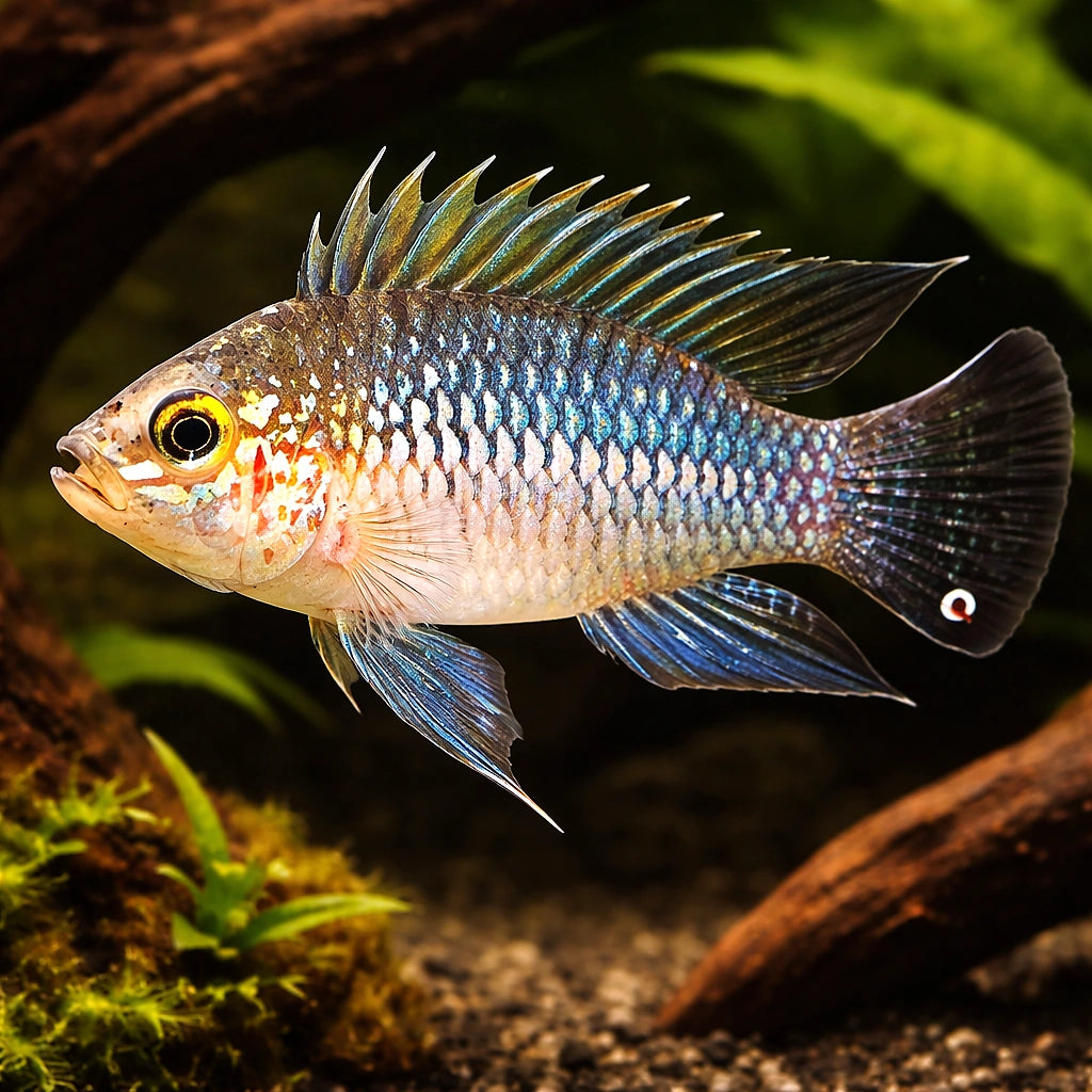 Carpintada Dwarf Cichlid — tropical fish for sale UK — AI hero driftwood view