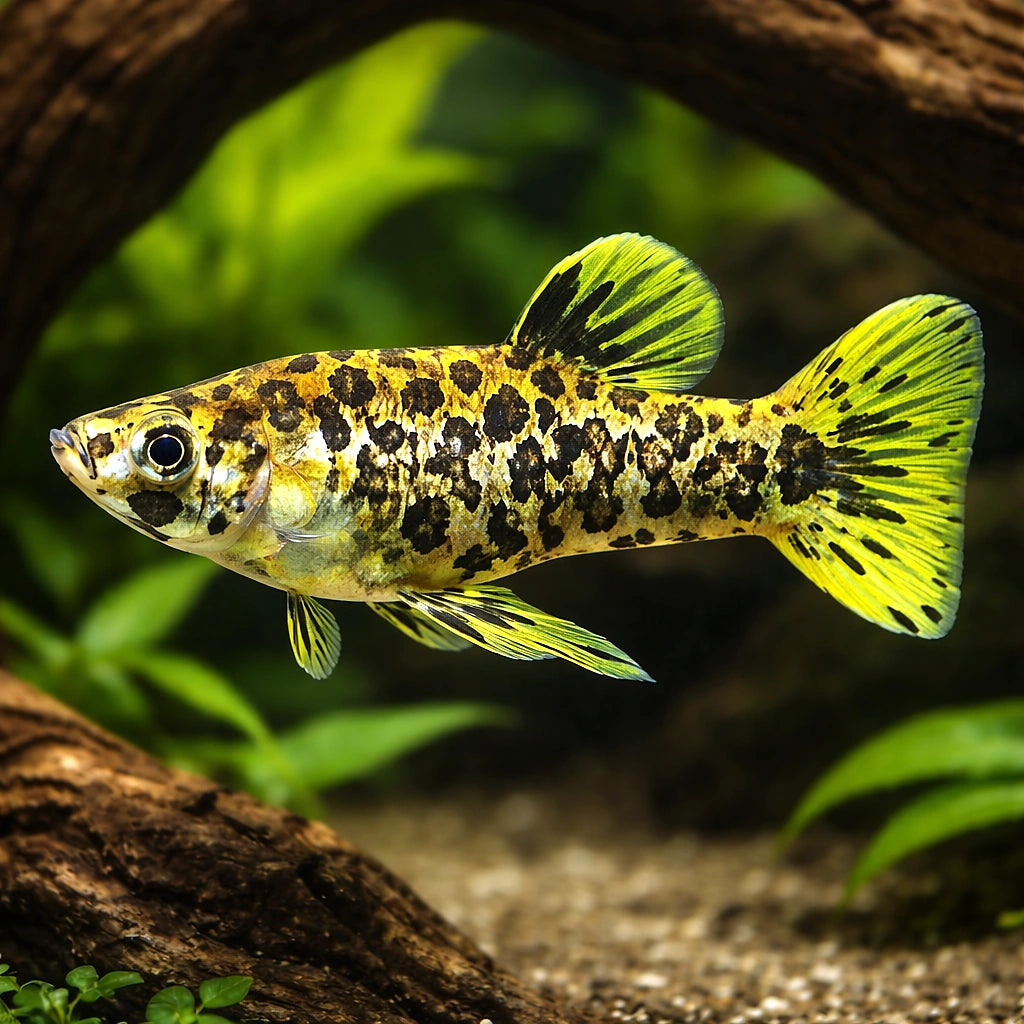 Caudo, Spotted livebearer — tropical fish for sale UK — AI hero driftwood view