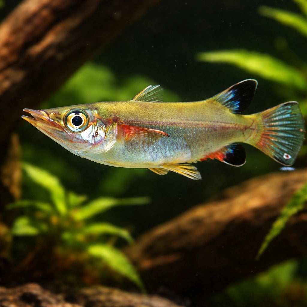 Celebes Halfbeak — tropical fish for sale UK — AI hero driftwood view