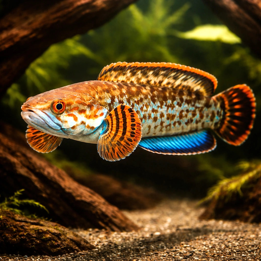 Channa bleheri blue 5 - — tropical fish for sale UK — AI hero driftwood view