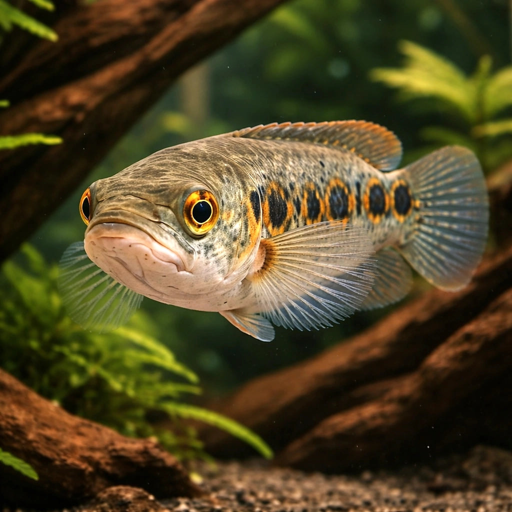 Channa pleurophthalma 5 - — tropical fish for sale UK — AI hero driftwood view