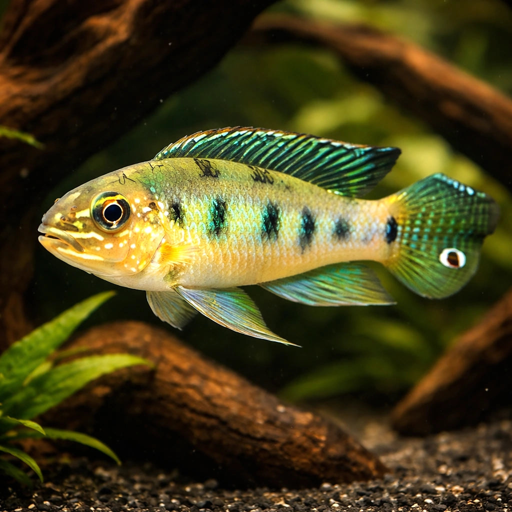 Checkerboard Cichlid — tropical fish for sale UK — AI hero driftwood view