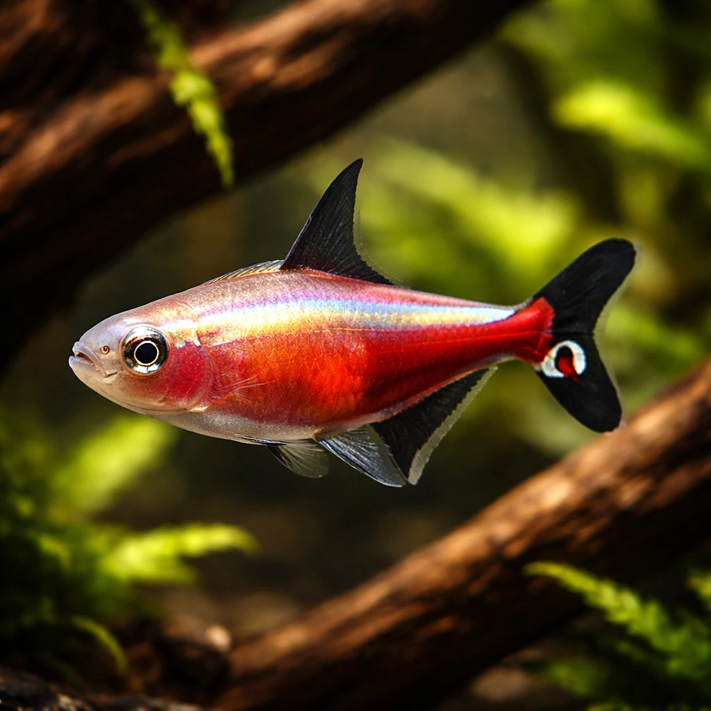 Cheirodon axelrodi gold 2 - 2, — tropical fish for sale UK — AI hero driftwood view