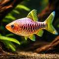 Chequer Barb, gold — tropical fish for sale UK — AI hero driftwood view