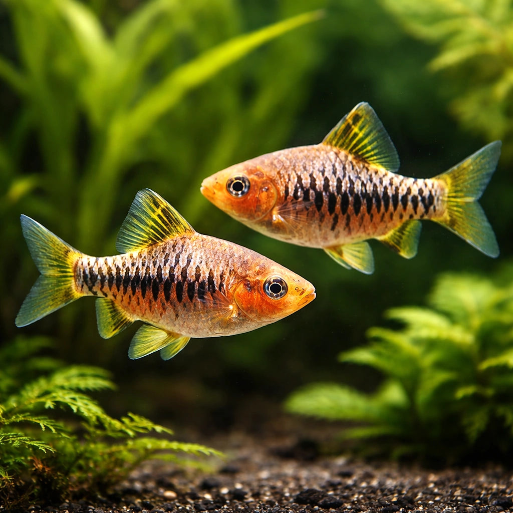 Chequer Barb, gold — tropical fish for sale UK — AI pair planted view