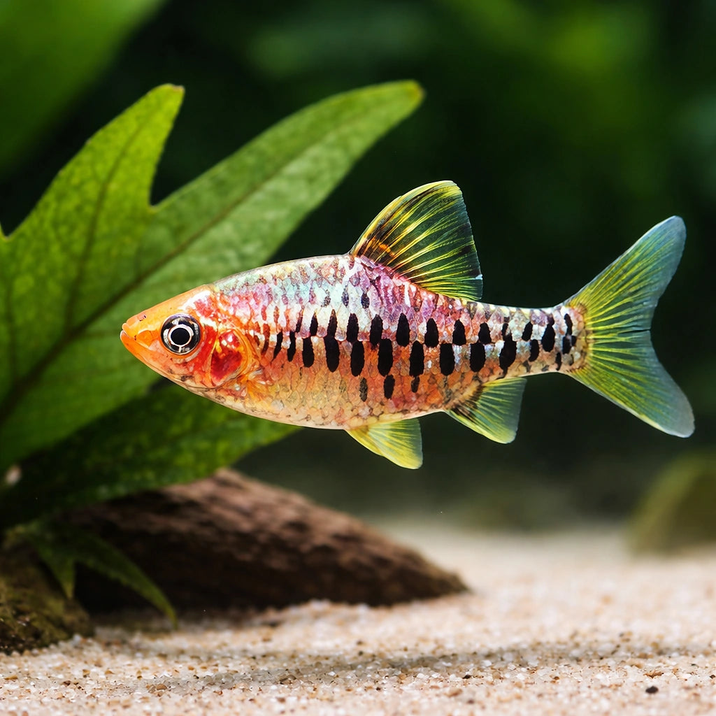 Chequer Barb, gold — tropical fish for sale UK — AI scale plant view