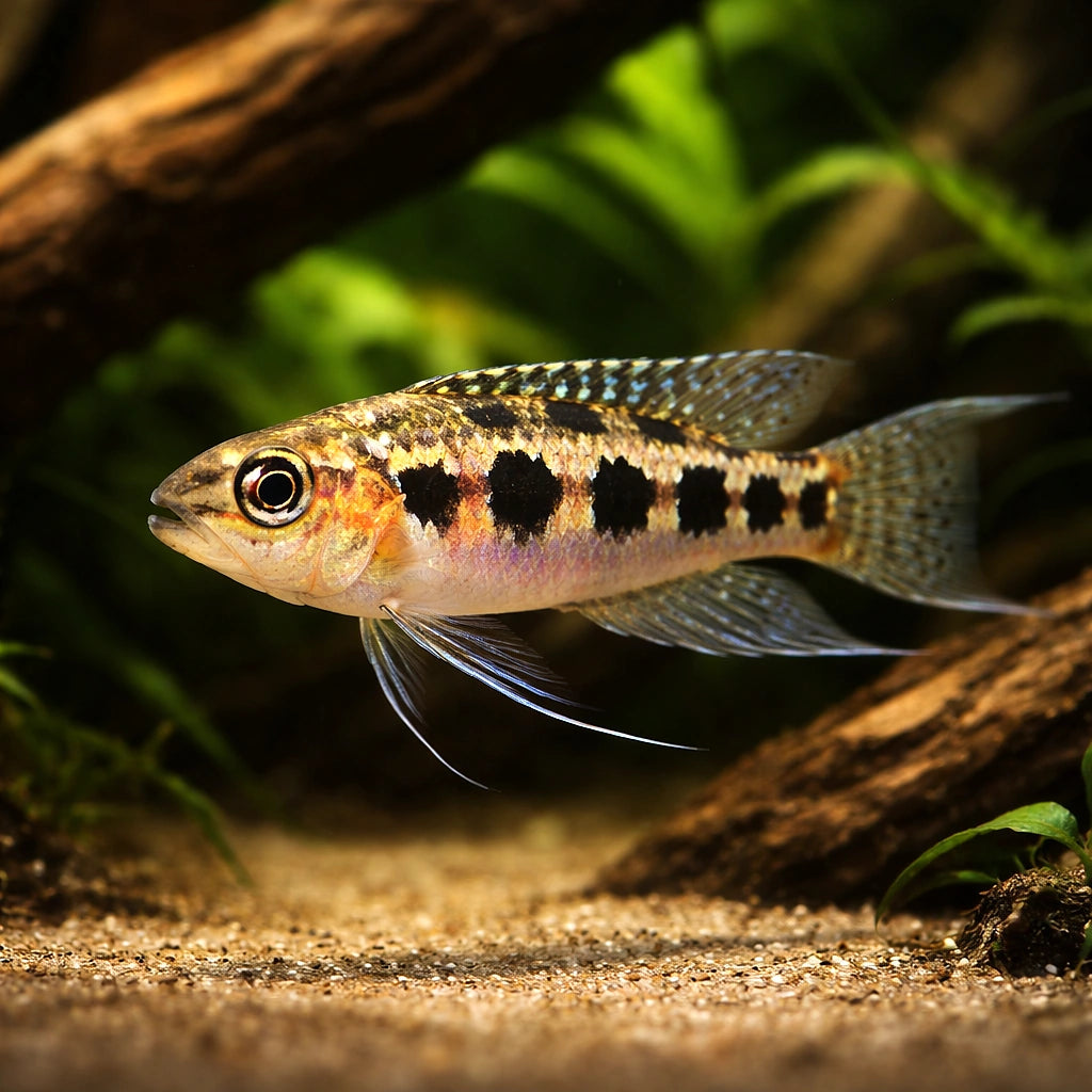 Chessboard cichlid — tropical fish for sale UK — AI hero driftwood view