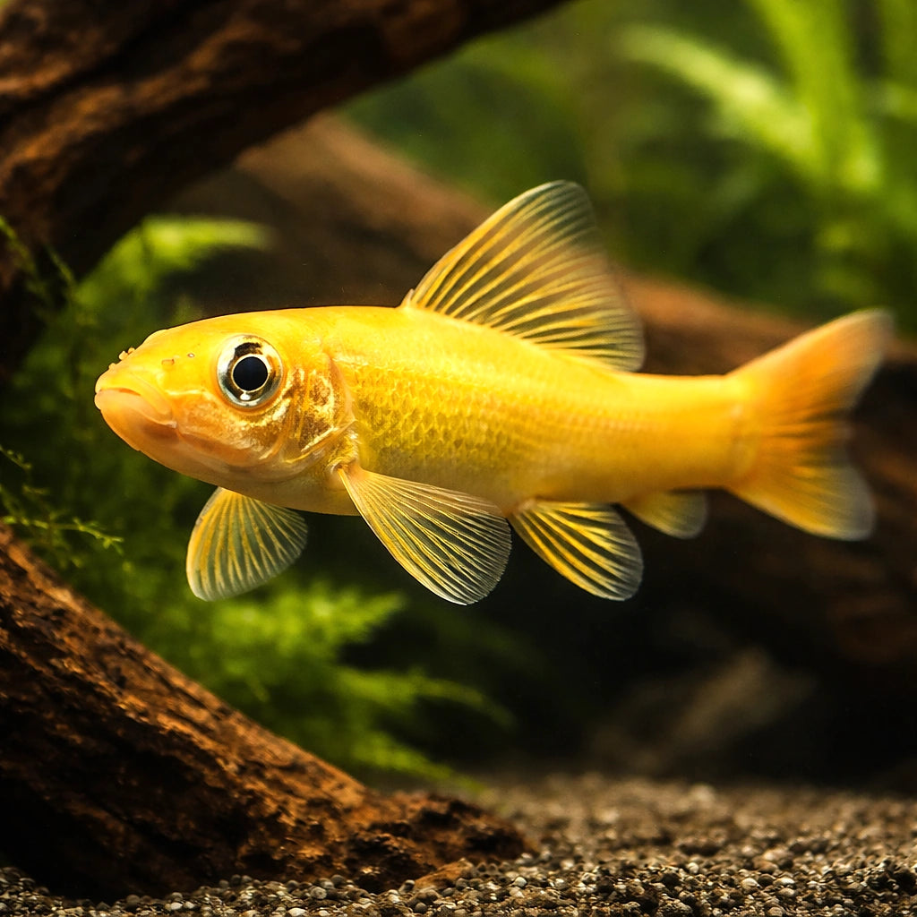 Chinese algae eater gold — Golden Black Chinese Algae Eater (Gyrinocheilus aymonieri) — AI hero driftwood view