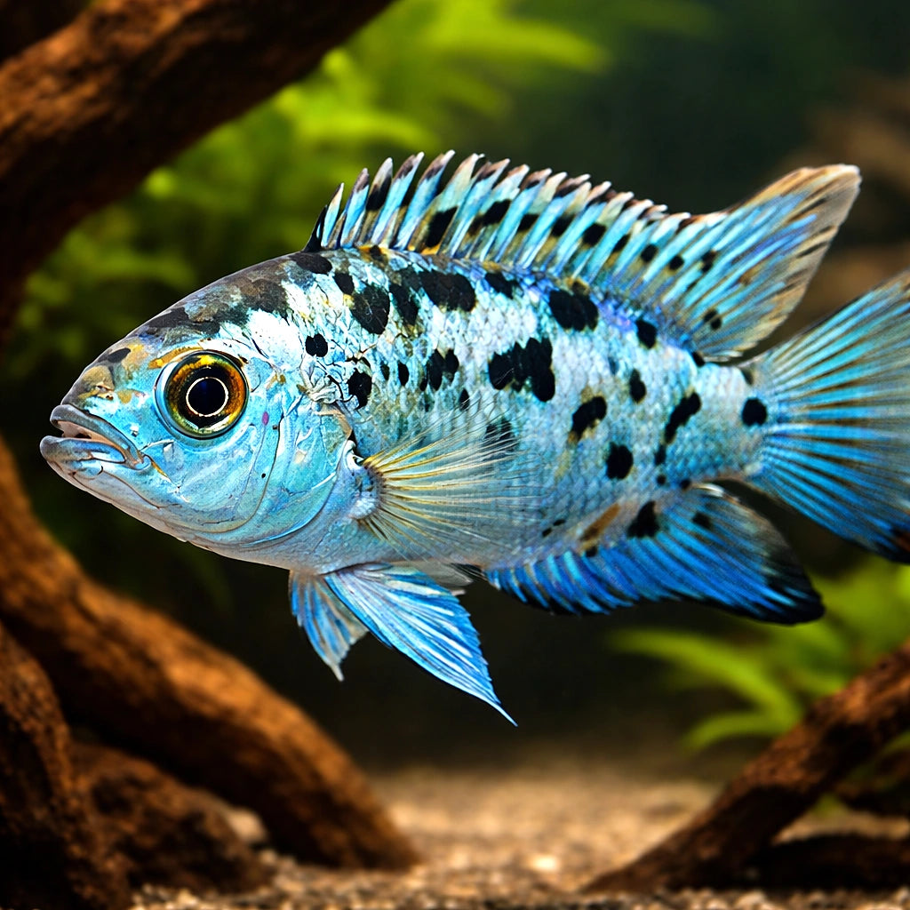 Cichlasoma blue jack dempsey 2 - 2, — tropical fish for sale UK — AI hero driftwood view