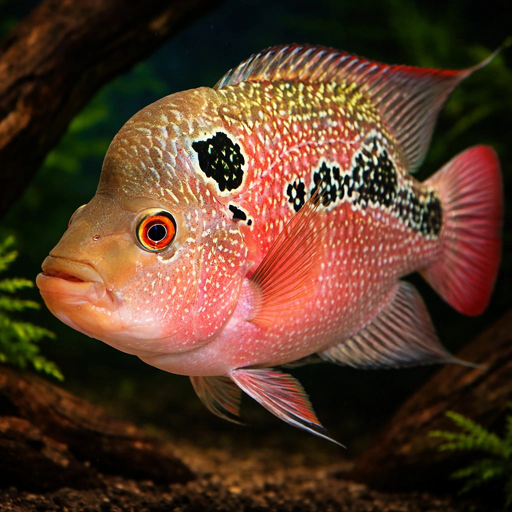 Cichlasoma flowerhorn 12 - — tropical fish for sale UK — AI hero driftwood view