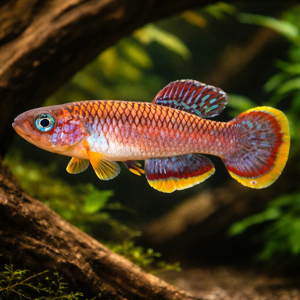 Cinnamon Killie — tropical fish for sale UK — AI hero driftwood view