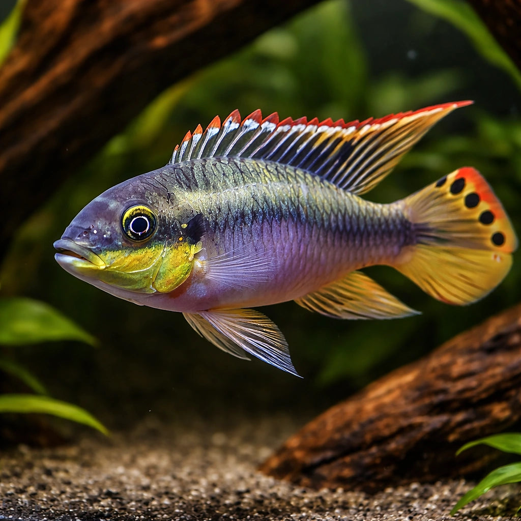 Common Krib Blue, Dwarf Rainbow — Super Red Rainbow Kribensis (Pelvicachromis pulcher) — AI hero driftwood view