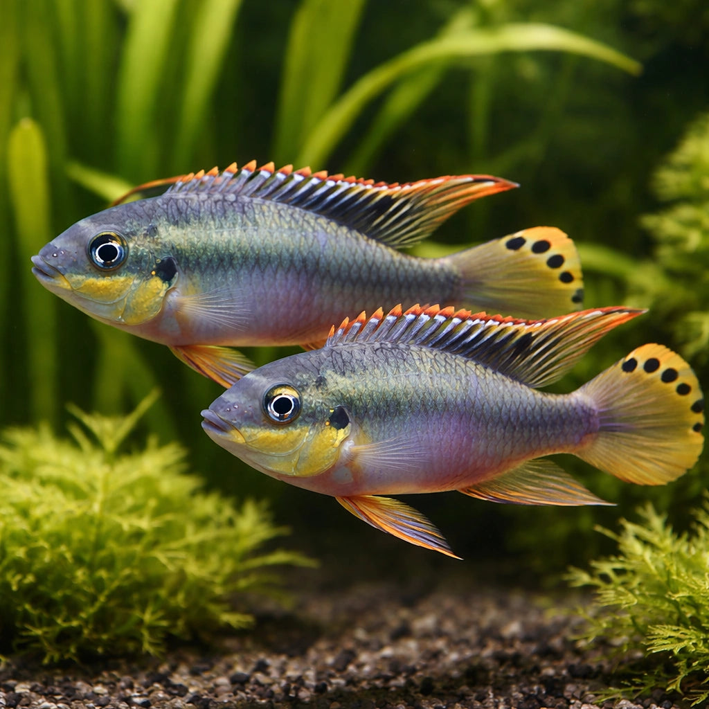 Common Krib Blue, Dwarf Rainbow — Super Red Rainbow Kribensis (Pelvicachromis pulcher) — AI pair planted view
