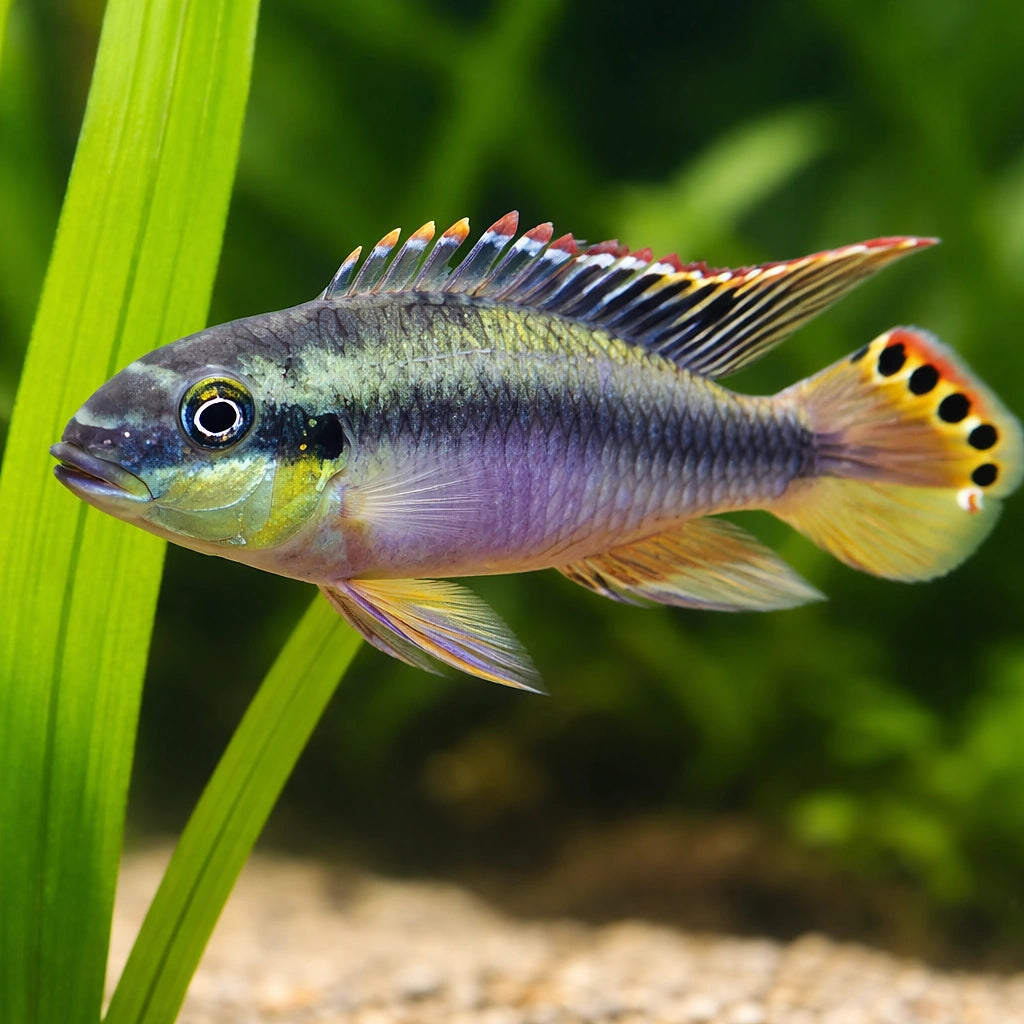 Common Krib Blue, Dwarf Rainbow — Super Red Rainbow Kribensis (Pelvicachromis pulcher) — AI scale plant view