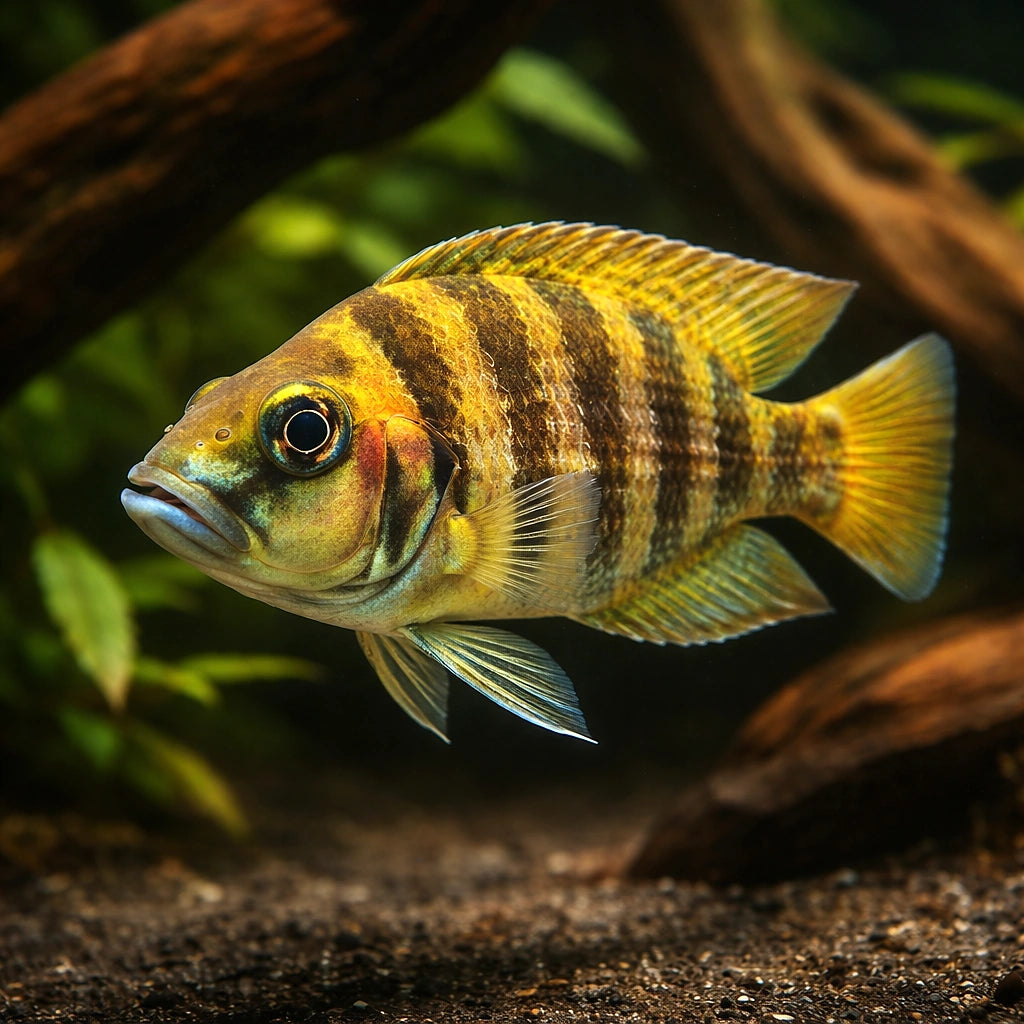 Compressed Cichlid — tropical fish for sale UK — AI hero driftwood view