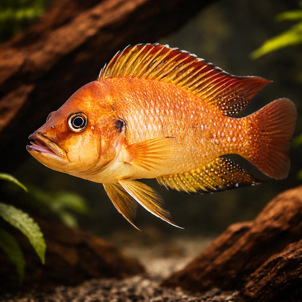 Compressed Cichlid Red — tropical fish for sale UK — AI hero driftwood view