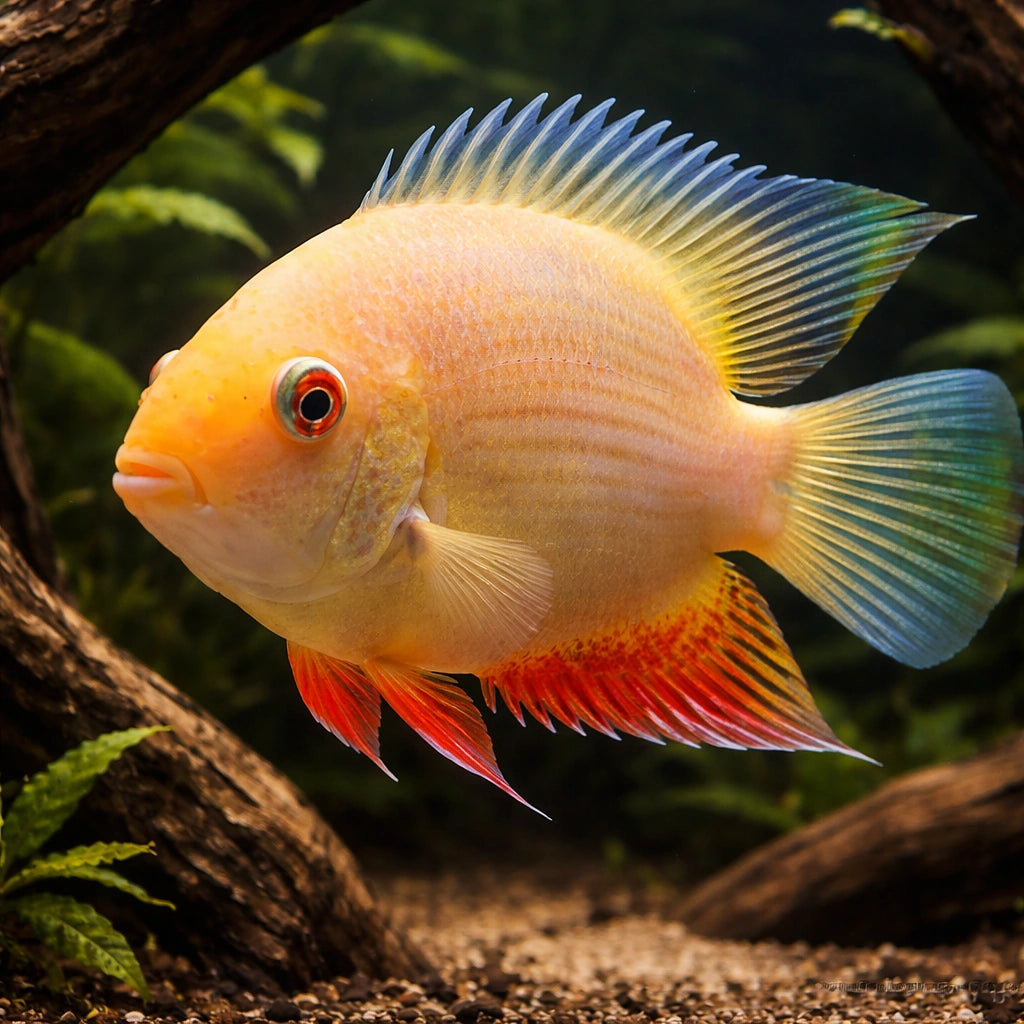 Convict Fish gold — tropical fish for sale UK — AI hero driftwood view