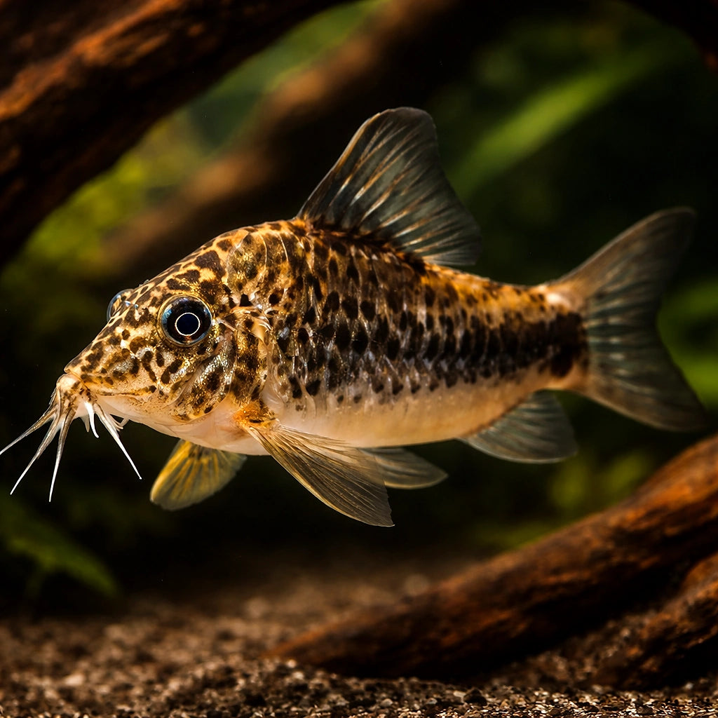 Corydoras sp. Huanta 3 - 3, — tropical fish for sale UK — AI hero driftwood view