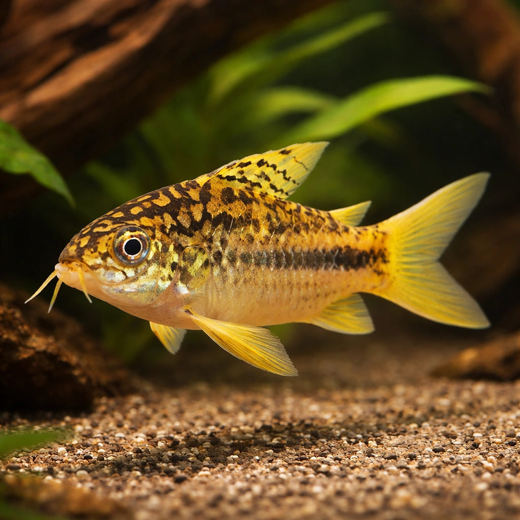 Corydoras sp. yellow cat 3 - — tropical fish for sale UK — AI hero driftwood view