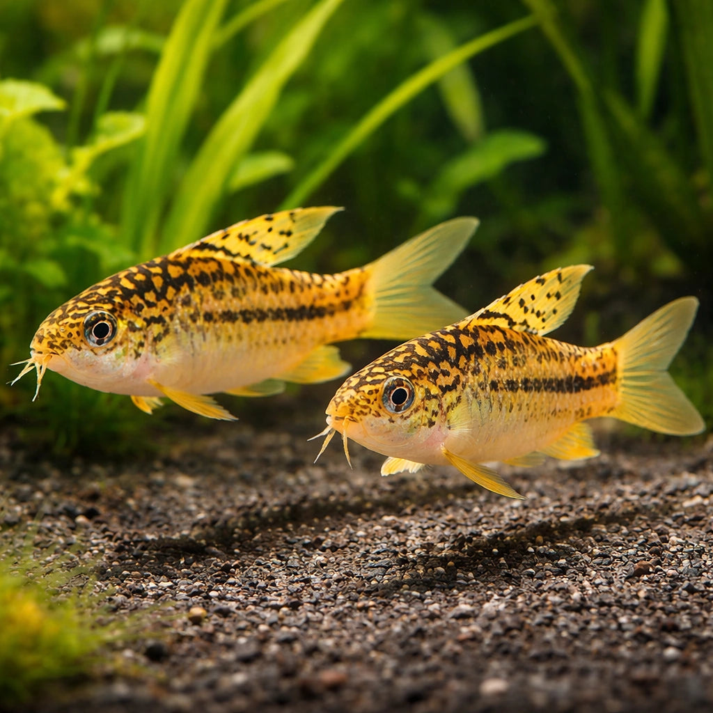 Corydoras sp. yellow cat 3 - — tropical fish for sale UK — AI pair planted view