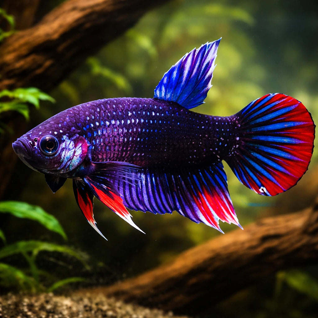 Crescent Penang Betta — tropical fish for sale UK — AI hero driftwood view