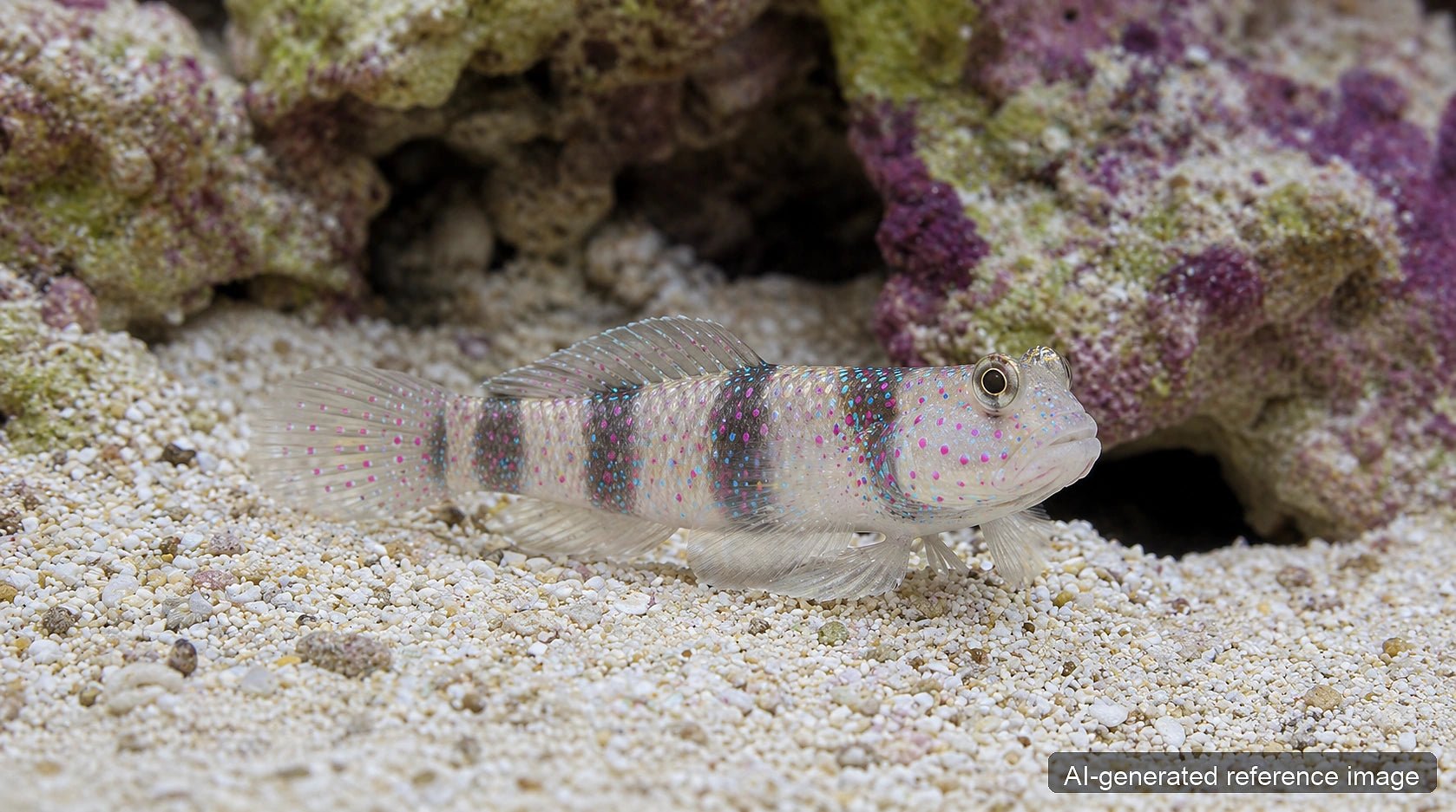 Cryptocentrus leptocephalus Pink-Spotted Watchman Goby with vertical bands and pink spots on sand - AI-generated reference image