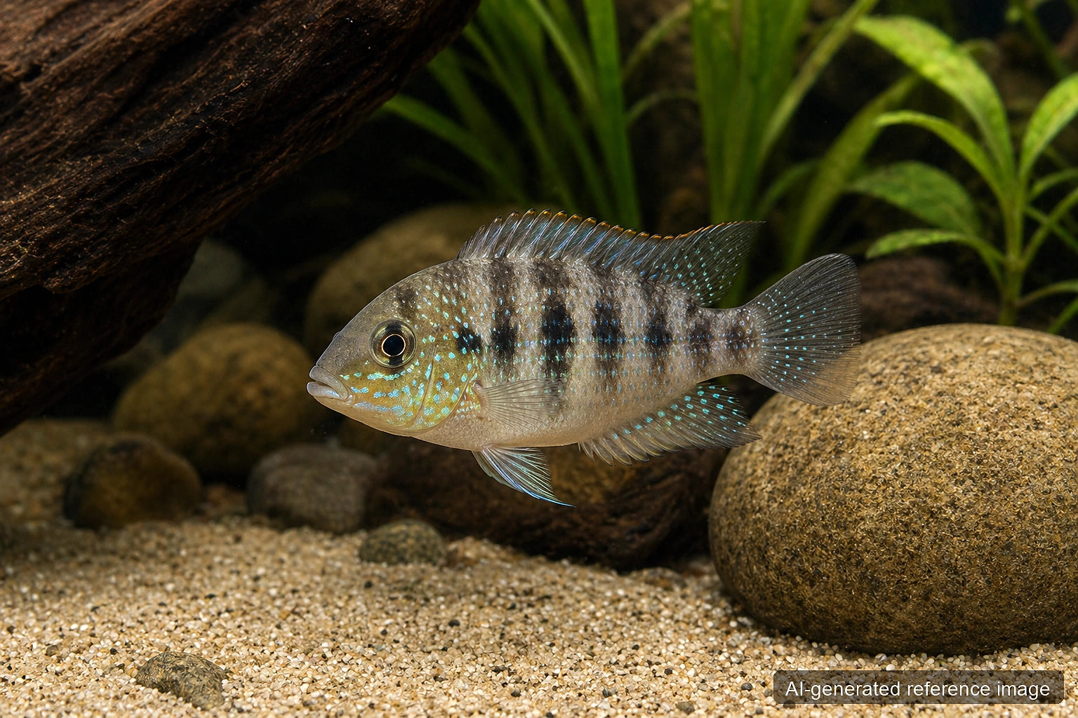 Cryptoheros cutteri Cutter Cichlid with vertical bars and blue-green spangling - AI-generated reference image