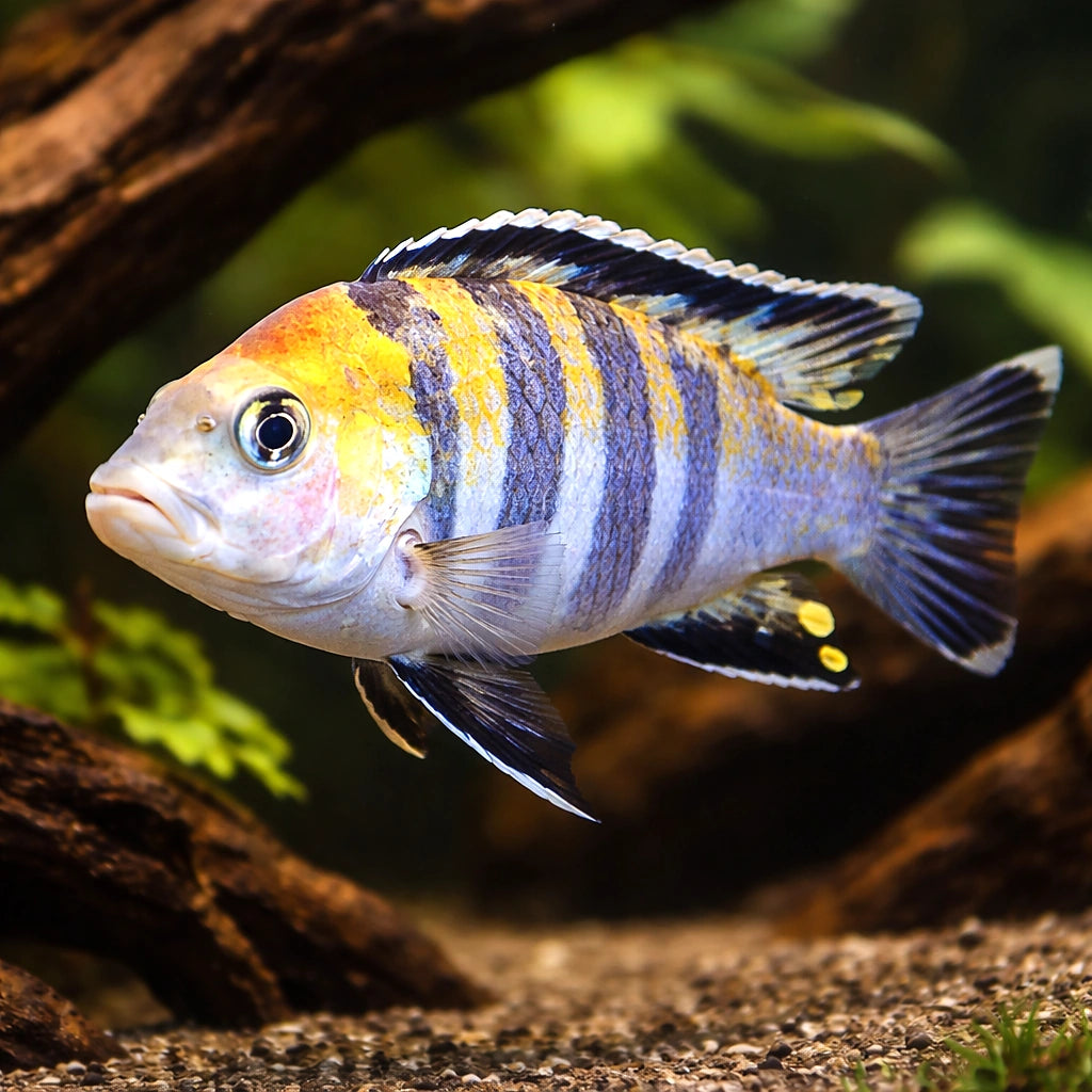 Cynotilapia afra red top — Dogtooth Cichlid (Cynotilapia afra) — AI hero driftwood view