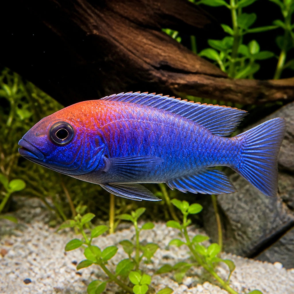 Red Top Likoma Afra Cichlid - Cynotilapia Afra «Likoma Red Top» - Malawi Cichlid — Lake Malawi Cichlids for sale UK — AI natural aquarium view