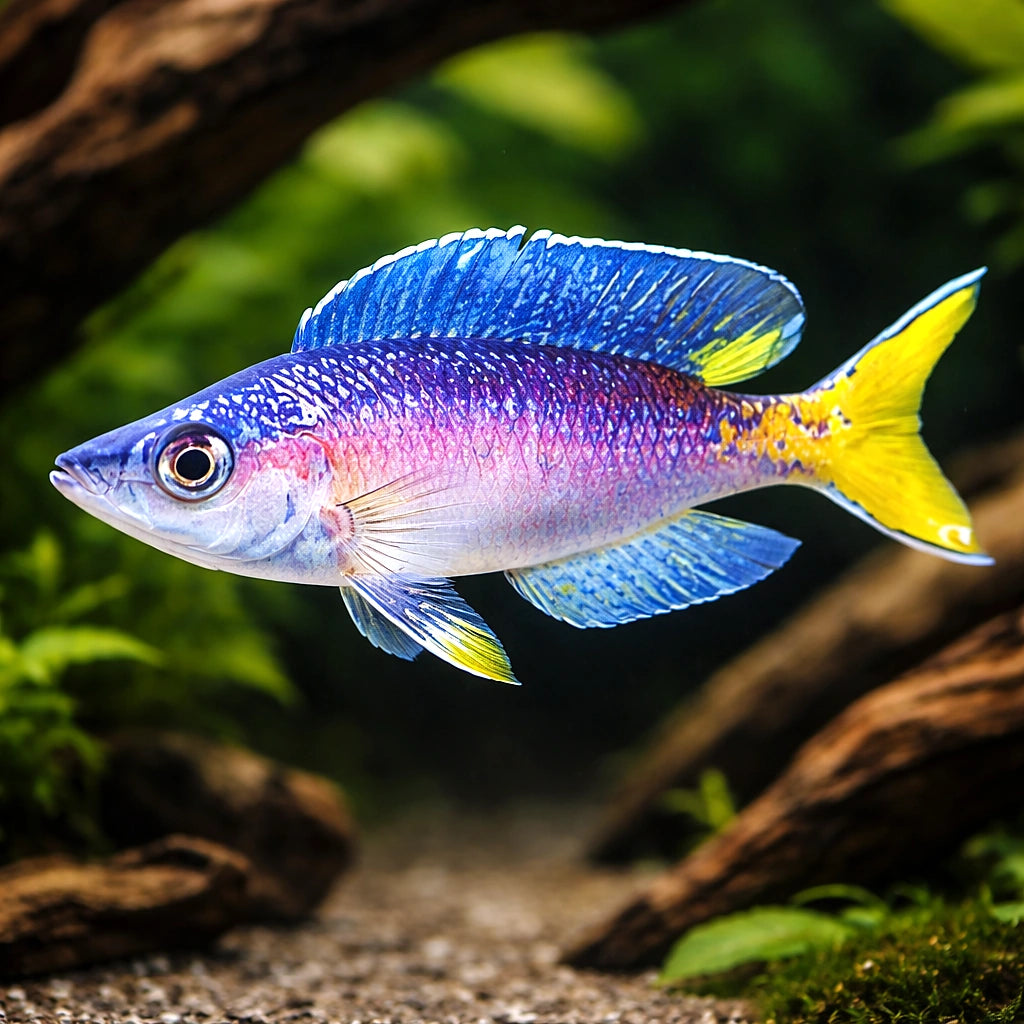 Cyprichromis lept. jumbo malasa XL — tropical fish for sale UK — AI hero driftwood view