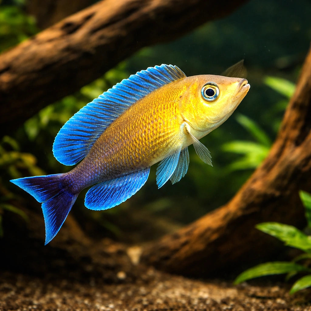 Cyprichromis lept. jumbo turquise flame 3 - — tropical fish for sale UK — AI hero driftwood view